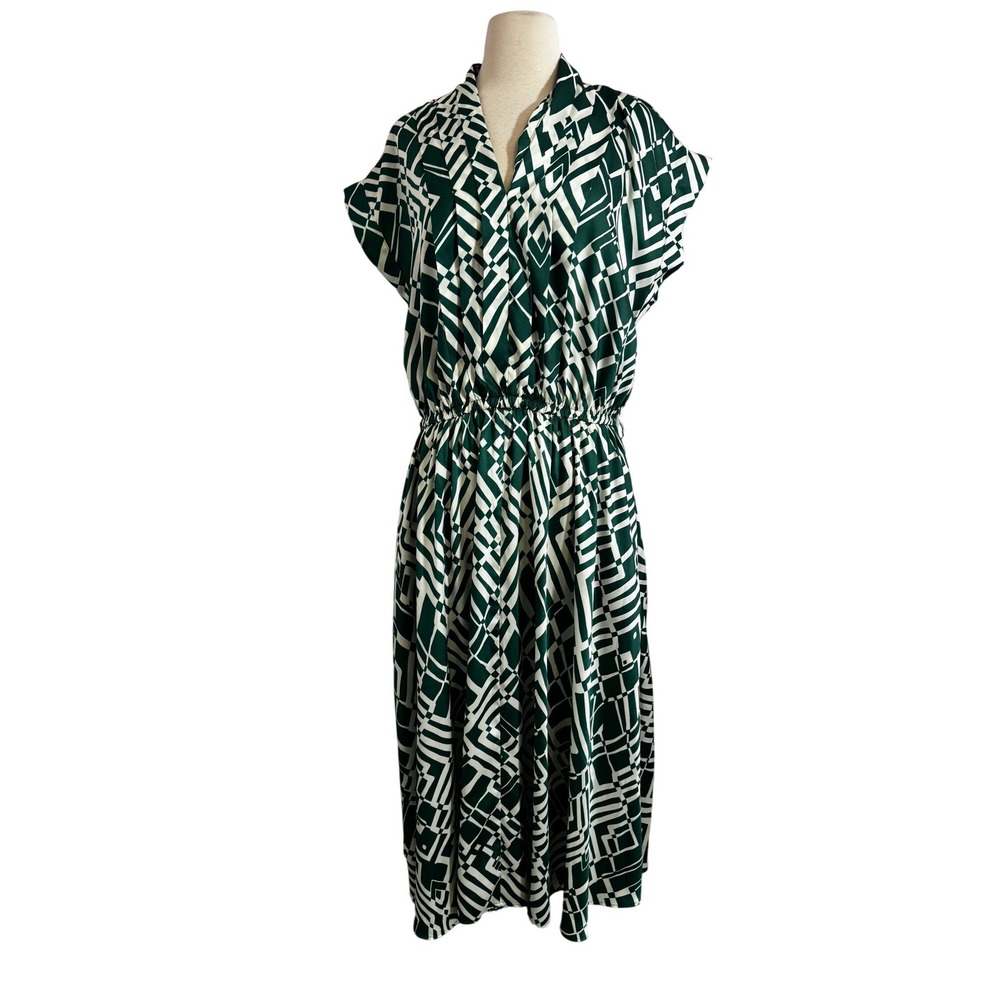 Donna Karan Green White Geometric Abstract Print V-Neck Midi Dress SZ 16W